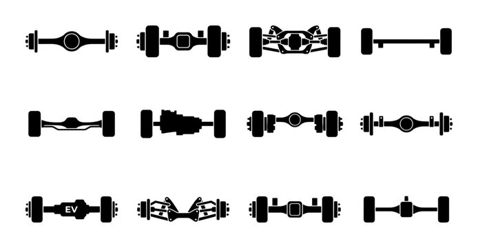 Automotive Axle Systems Vector Icons Set: Rear Drive, Front Wheel Drive, Electric Vehicle Drivetrain, Suspension Components, Car Parts Collection for Mechanical Engineering and Auto Repair