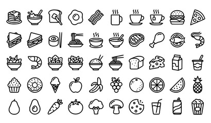 Naklejka premium Food Icon Set Vector Illustration with Meals Fruits Desserts and Beverage Symbols