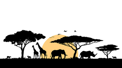Fototapeta premium Wildlife Silhouette Landscape with Deer, Elephant and Trees at Sunset in Savanna Nature Vector Illustration