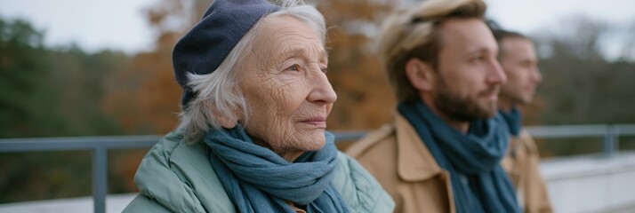 Fototapeta premium Elderly woman with companions outdoors in autumn park for family care portrait and multigenerational support background