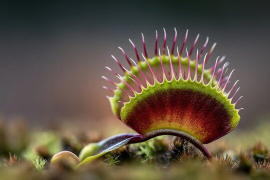 Close-up macro shot of a Venus flytrap plant with its vibrant green and red trap open, showcasing its delicate cilia.