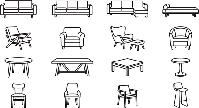Set of modern furniture line icons featuring sofas chairs tables and stools for interior design projects