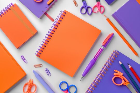 Vibrant orange and purple school stationery flatlay with notebooks scissors pens and paperclips for back to school poster and design background