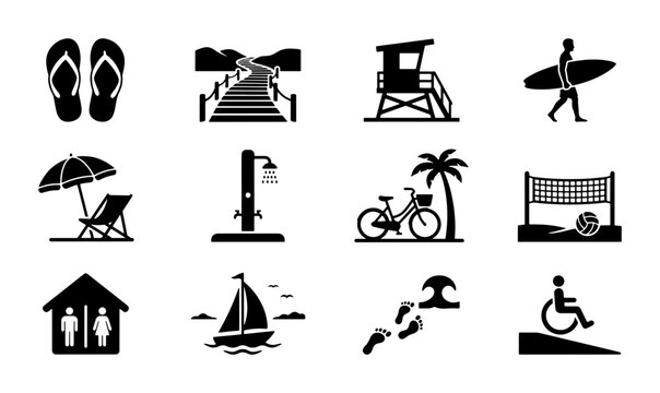 Summer Beach Icons Set: Flip-flops, Pier, Lifeguard Tower, Surfer, Umbrella, Shower, Bicycle, Volleyball, Restroom, Sailboat, Footprints, Accessible Ramp Vector Graphics