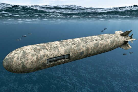 Camouflaged underwater torpedo with a visible internal mechanism, swimming in deep blue ocean water with small fish.
