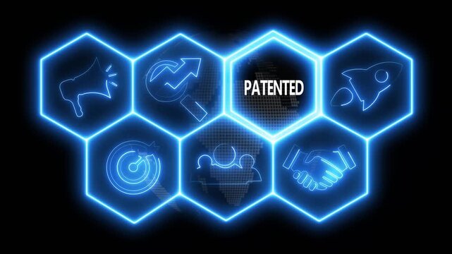 Business Patented concept animated on abstract technology background with rotating world map icon. Business, Technology, Internet and networking concept.