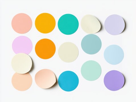 A set of twelve small round paper stickers (all in different colors) with matte finish, some peeling slightly at the edges, arranged in a grid pattern and isolated on a white background