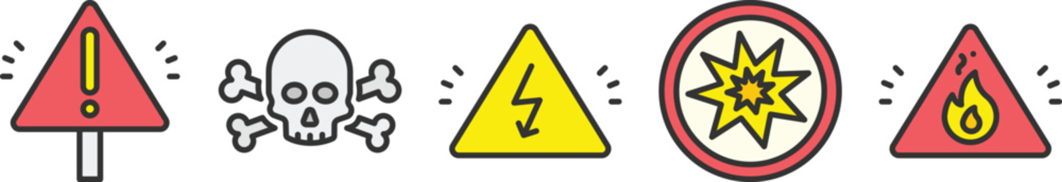 Danger warning icons set with explosion and fire