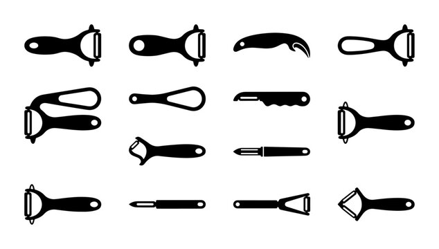 Kitchen Gadgets Collection: Versatile Peelers, Corkscrew, and Julienne Slicer Icons, Black and White Vector Set for Culinary Design