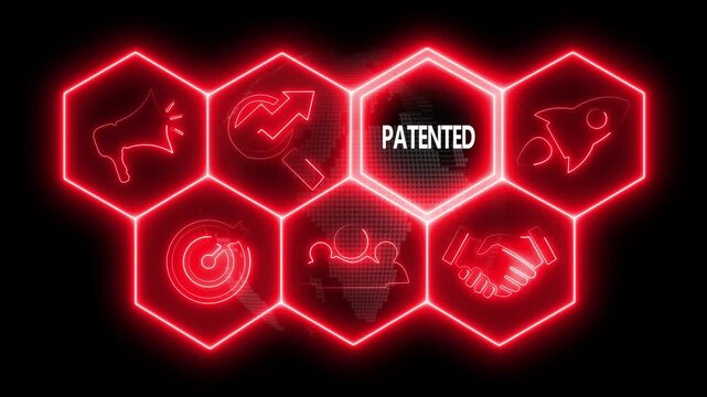 Business Patented concept animated on abstract technology background with rotating world map icon. Business, Technology, Internet and networking concept.