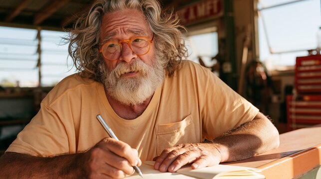 Bearded Man with Glasses, Sitting at Table, Writing in Notebook