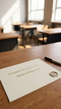 Master of fine arts diploma on a wooden desk with pen and ring in a bright classroom for graduation announcement background and poster design