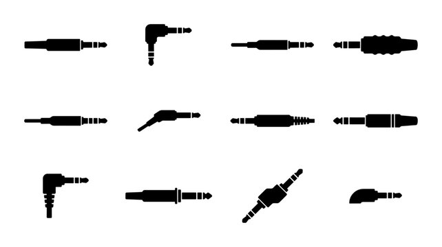 Audio Jack Connectors, Stereo Plugs, and Adapters Set, 12 Vector Icons for Sound and Music Technology