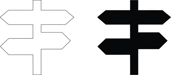 Directional signpost icon set with double arrow indicators in black outline and solid silhouette style for wayfinding. © nidrarani