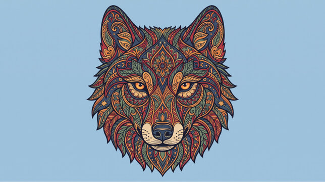 Ornate wolf head illustration with colorful paisley and mandala floral patterns vector art