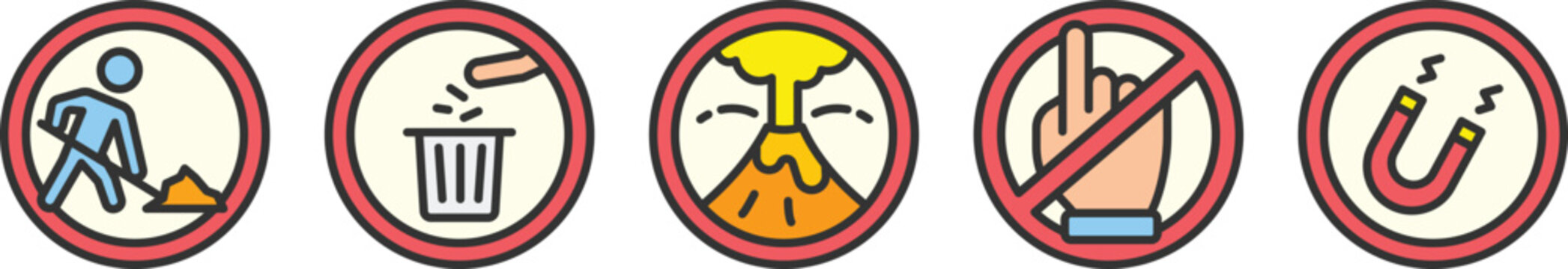 Five prohibited activity icons with red circle