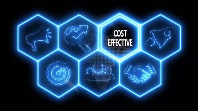 Business Cost effective concept animated on abstract technology background with rotating world map icon. Business, Technology, Internet and networking concept.