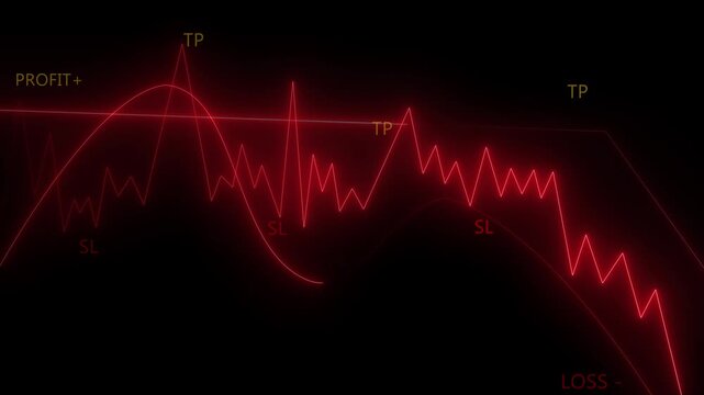 Abstract glowing neon line business graph growth arrow to down animation. Stock market crash concept with arrow going down direction