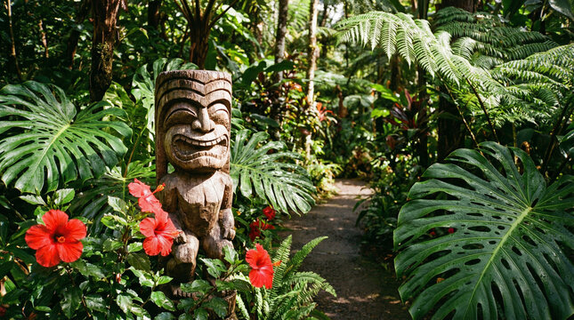 Beautiful raster photograph of a traditional carved wooden tiki idol statue on a lush exotic tropical jungle garden path surrounded by green monstera fern and red hibiscus flora