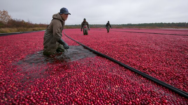Workers in waders corralling a vivid red floating cranberry mass in a flooded harvest bog under an autumn sky. Concept of cranberry wet harvesting.