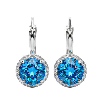 Blue crystal earrings, silver hook dangle jewelry, round brilliant cut gemstone, sparkling blue topaz