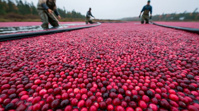 Workers in waders corralling a vivid red floating cranberry mass in a flooded harvest bog under an autumn sky. Concept of cranberry wet harvesting.
