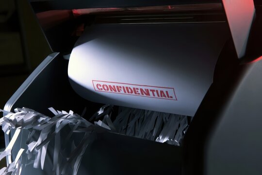 A shredder destroying a white document with red CONFIDENTIAL text, strips of paper falling into the bin, moody dramatic office lighting