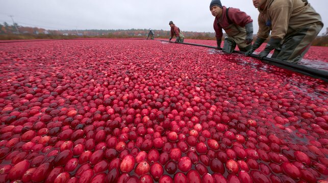 Workers in waders corralling a vivid red floating cranberry mass in a flooded harvest bog under an autumn sky. Concept of cranberry wet harvesting.