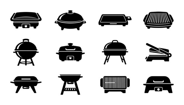 12 Electric Grill and Griddle Icons, Barbecue and Hot Plate Vector Set, Kitchen Appliance and Cooking Equipment Graphics