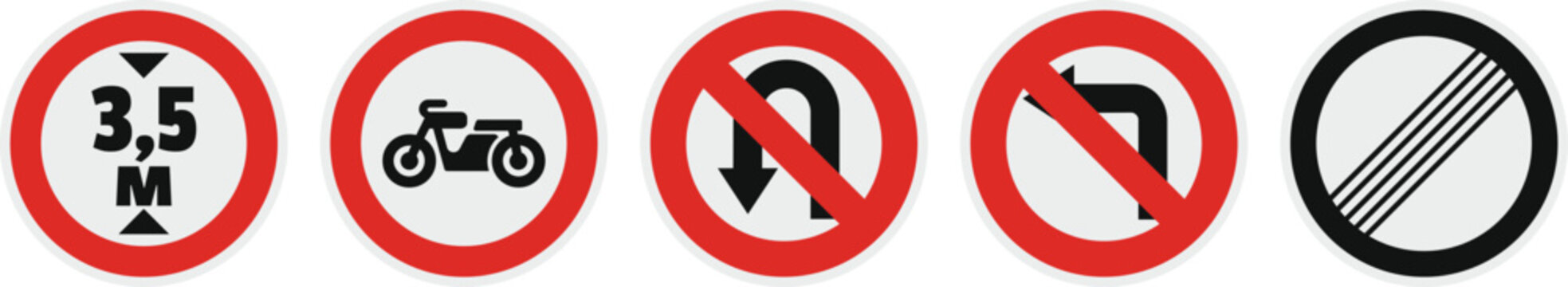 Five traffic prohibition signs in red circles