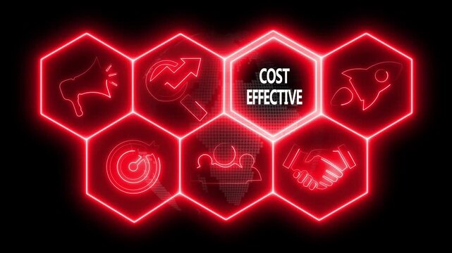 Business Cost effective concept animated on abstract technology background with rotating world map icon. Business, Technology, Internet and networking concept.