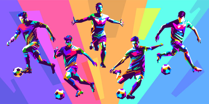 Collection of vibrant vector illustrations of soccer players in action in WPAP pop art style, featuring a horizontal banner template with colorful geometric designs.