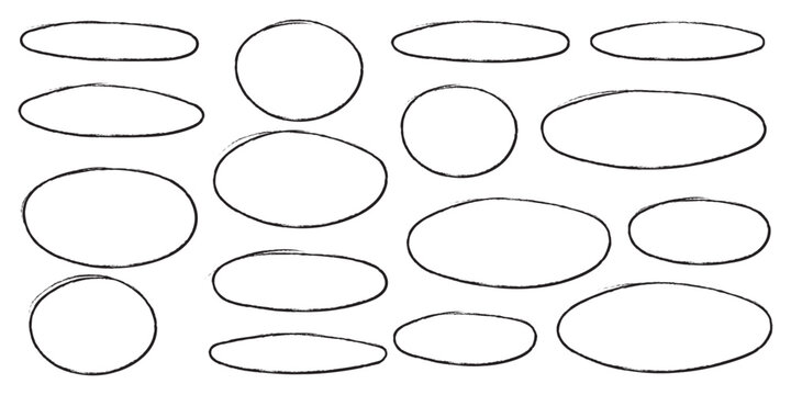 Hand drawn line brush pencil oval color doodle marker chalk pen. Hand drawn line brush oval set