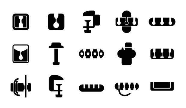 Industrial Clamps and Fasteners Vector Icons Set, Mechanical Tools Collection, Engineering Hardware Symbols, Workshop Equipment Graphics