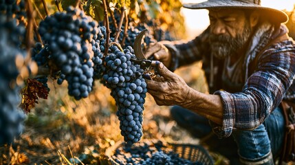 Obraz premium Vineyard worker cutting a heavy dark purple wine grape cluster from a vine in warm golden autumn light. Concept of grape harvesting.