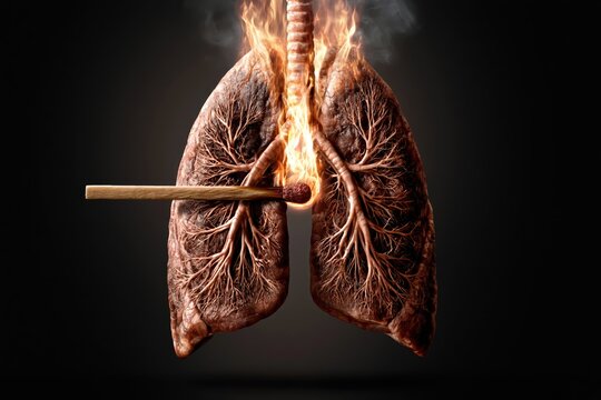 Human lungs on fire ignited by a match, symbolizing damage from smoking and respiratory illness