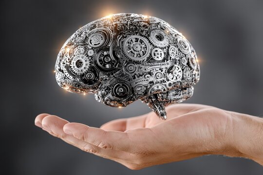 Intricate mechanical brain model with gears and circuits held in an open human hand, symbolizing AI and technology.