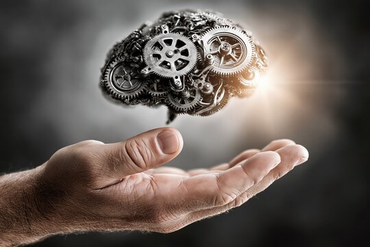 A mechanical brain made of intricate gears and cogs is held carefully in an open human hand.