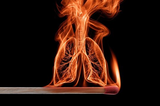 Anatomical lungs engulfed in flames rising from a burning matchstick, symbolizing respiratory damage.