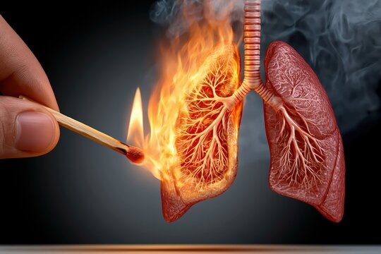 A hand holding a lit match igniting a human lung, symbolizing lung damage, disease, and health risks.