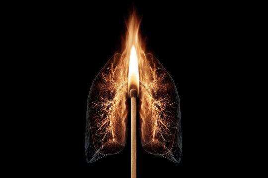 A burning match ignites the human lungs, symbolizing respiratory illness, disease, and lung damage.