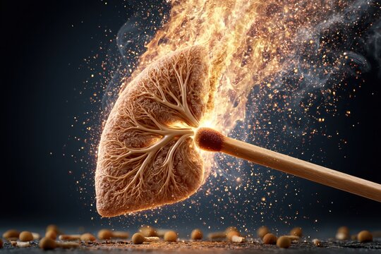 Human lung organ on fire, ignited by a matchstick, symbolizing damage and health risks