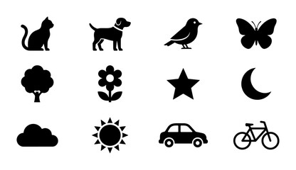 Fototapeta premium Nature and Object Icons Set: Cat, Dog, Bird, Butterfly, Tree, Flower, Star, Moon, Cloud, Sun, Car, Bicycle Vector Graphics