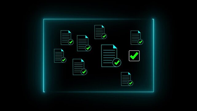 Business person using a laptop with document icons with checkmarks representing document management, quality control, and digital work flow. document verify concept 4k quality animation video.