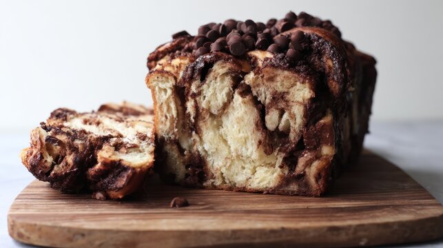 Freshly baked chocolate babka on wooden board.