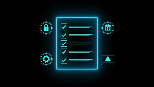 A digital checklist displayed on a glass-like panel, surrounded by security icons symbolizing data protection, privacy, and online safety. 4k quality animation video, Motion graphics of data concept