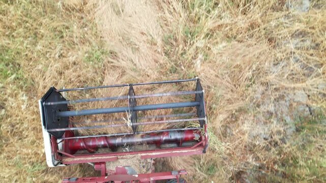 Aerial view of a combine harvester drum. Drone footage from above, looking down onto the rotating mechanical drum of a combine harvester harvesting dry wheat.