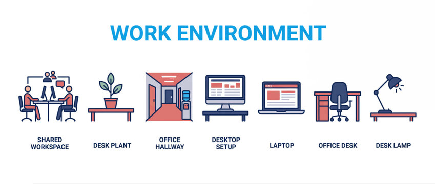 Office work environment icon set. Professional workplace equipment and business interior design vector
