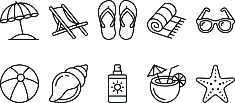 Collection of summer beach vacation and seaside holiday line icons with vacation tropical umbrella flipflops sunglasses seashell sunscreen cocktail starfish relaxation