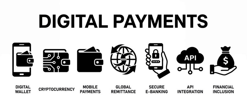 Digital payments icon set. Fintech symbols for mobile wallet, cryptocurrency and online banking apps.